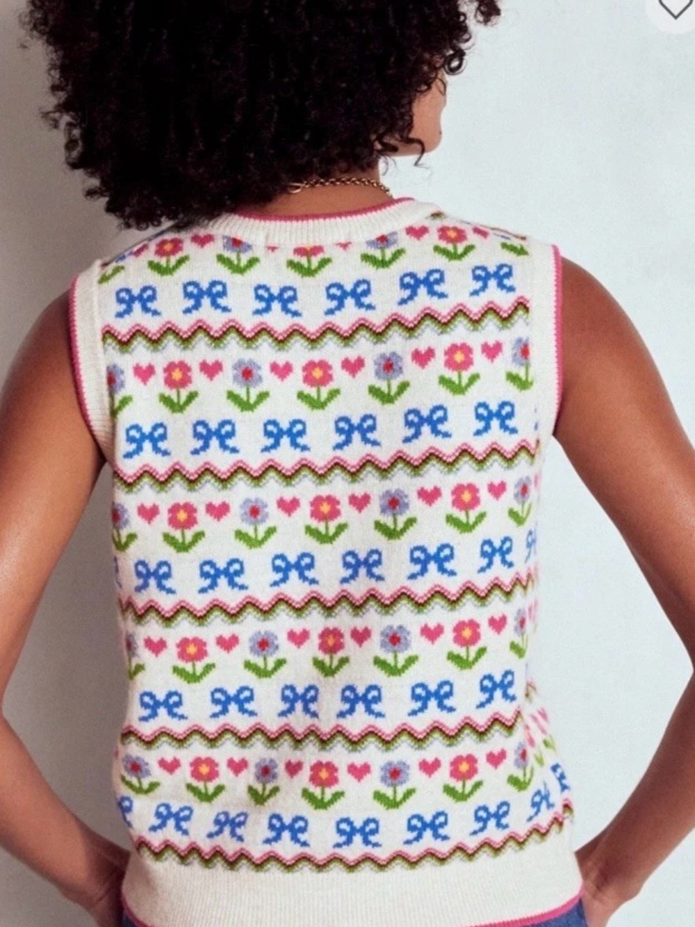 Boden Edie Fair Isle Vest Oatmeal Melange Knit Floral & Bow Pink Trim - Picture 4 of 13